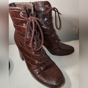 Forever 21 Brown Crocodile Pattern Lace-Up Ankle Booties